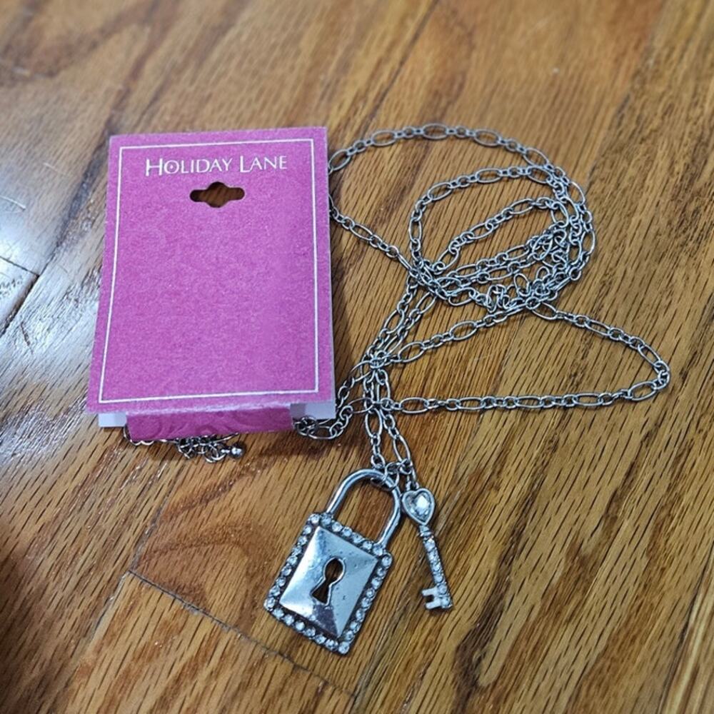 Holiday Lane Long Silver-Tone Crystal Lock And Key Pendant Necklace